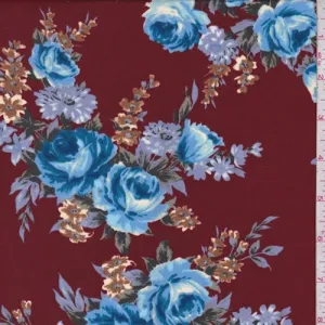 Rust/Aqua Rose Spray Crepe Georgette Fabric