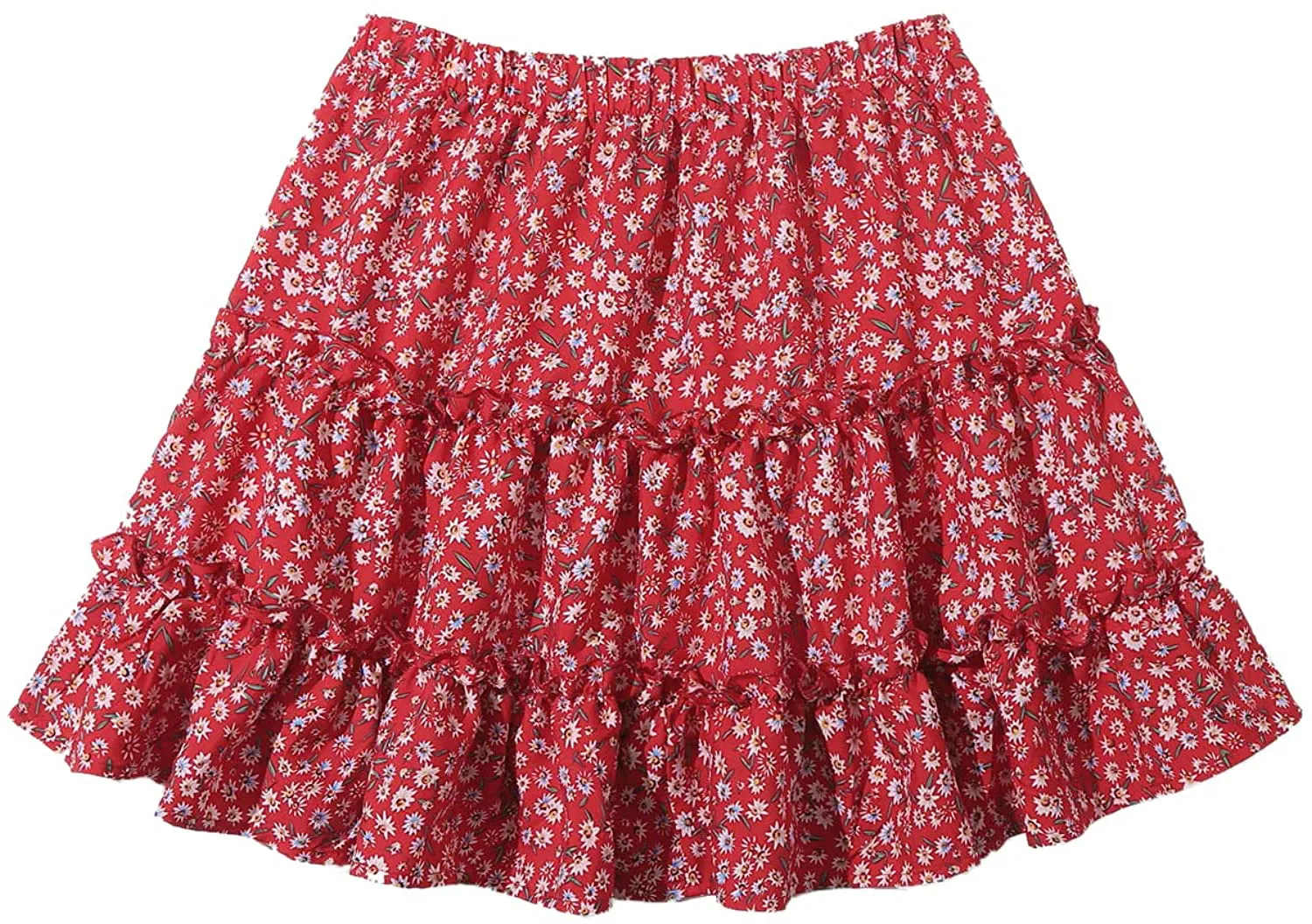 SheIn Women's Boho Floral Print Layered Frill Trim Ditsy Mini Short Flared Skirt