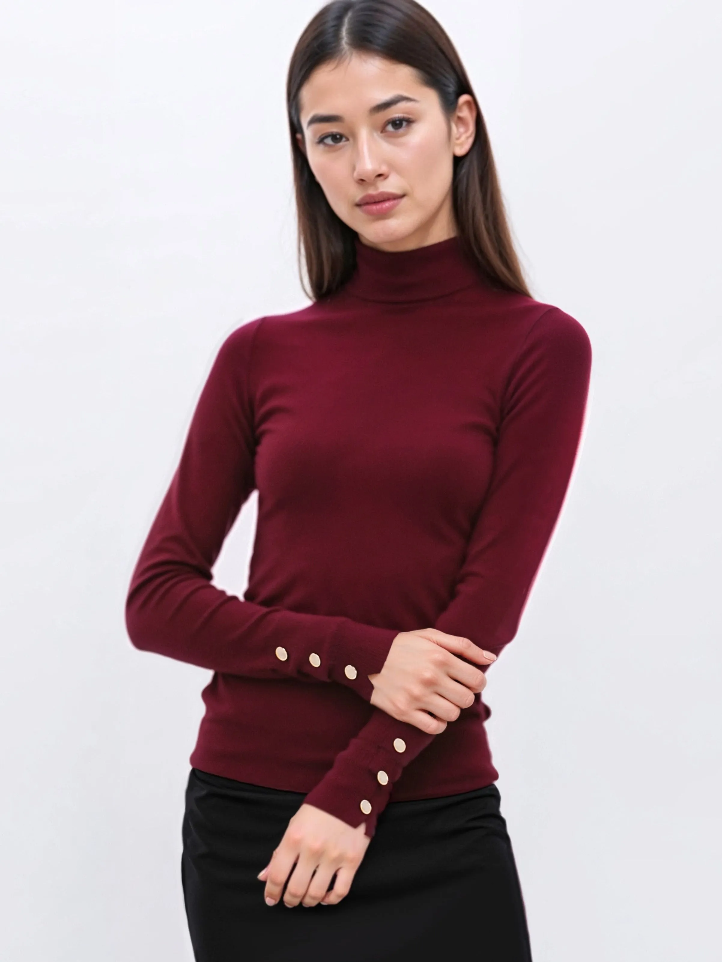 Sleeve Turtleneck Button Cuff Sweater