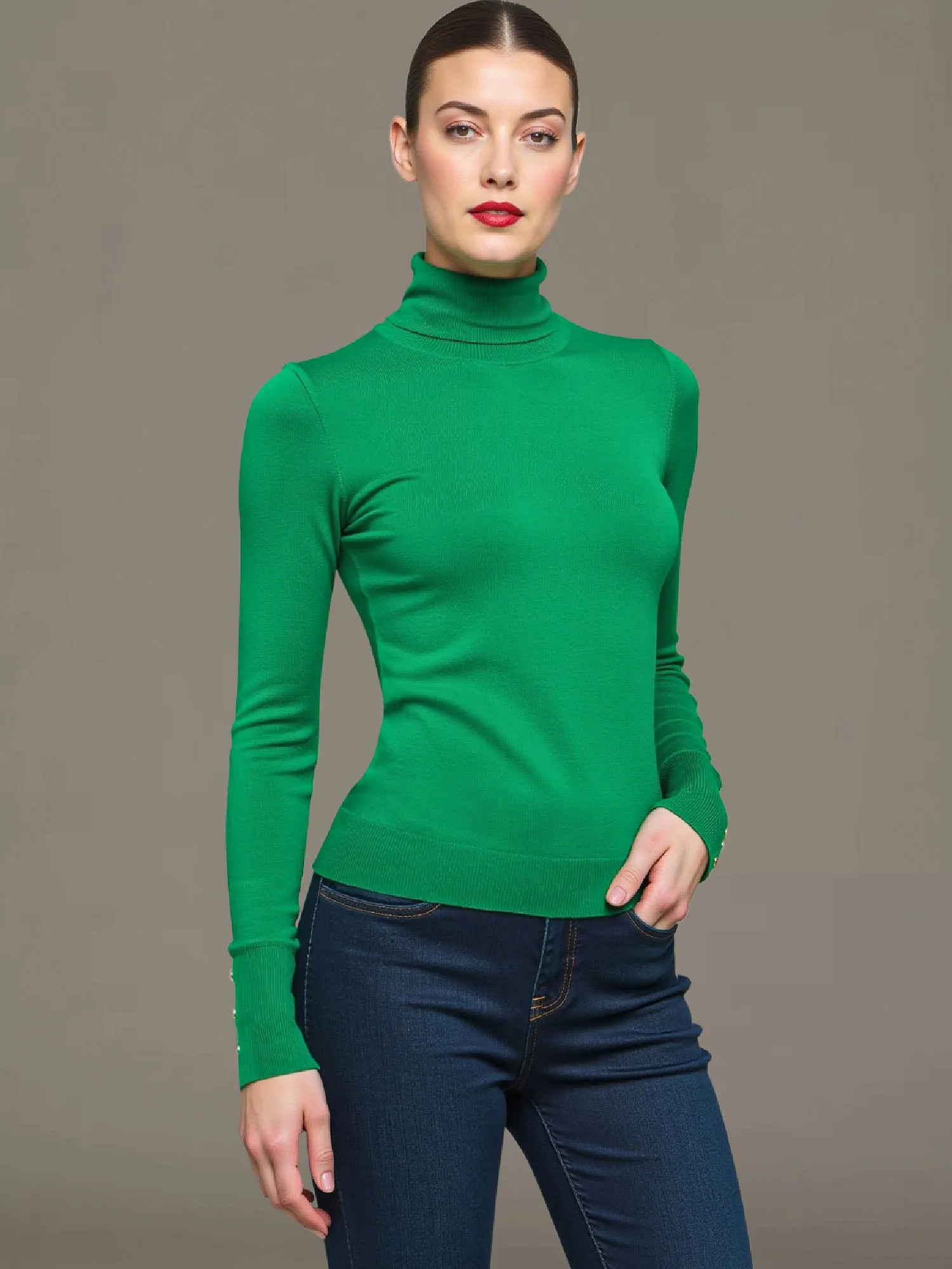 Sleeve Turtleneck Button Cuff Sweater