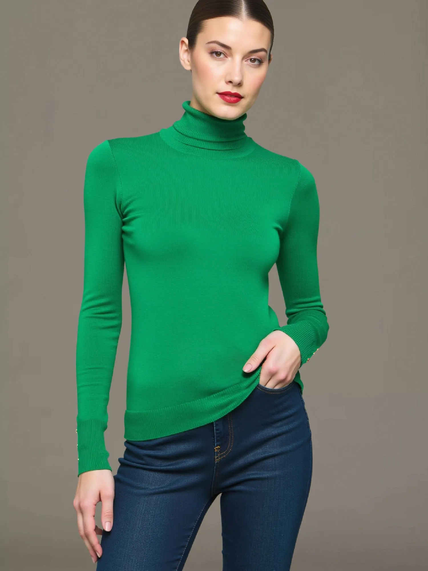 Sleeve Turtleneck Button Cuff Sweater