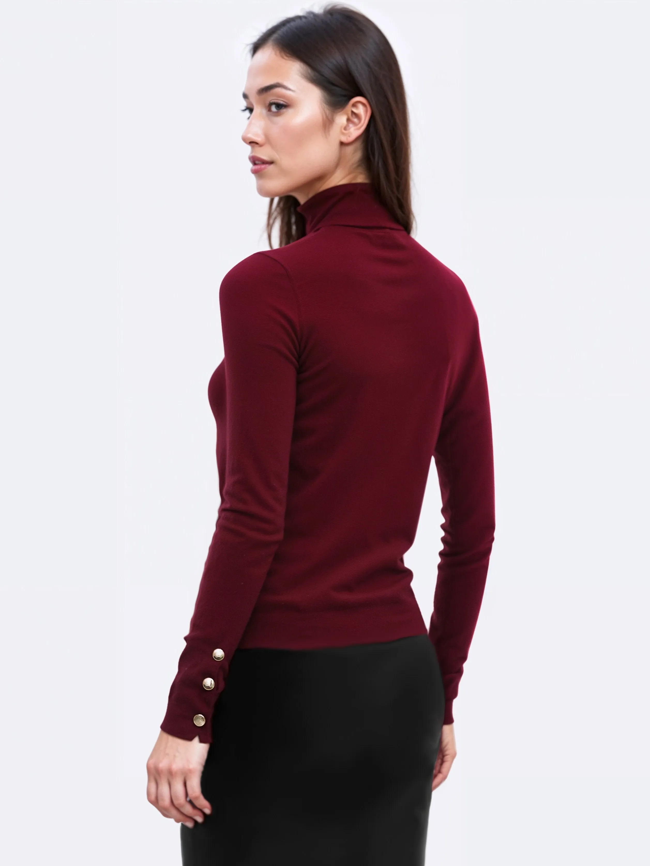 Sleeve Turtleneck Button Cuff Sweater