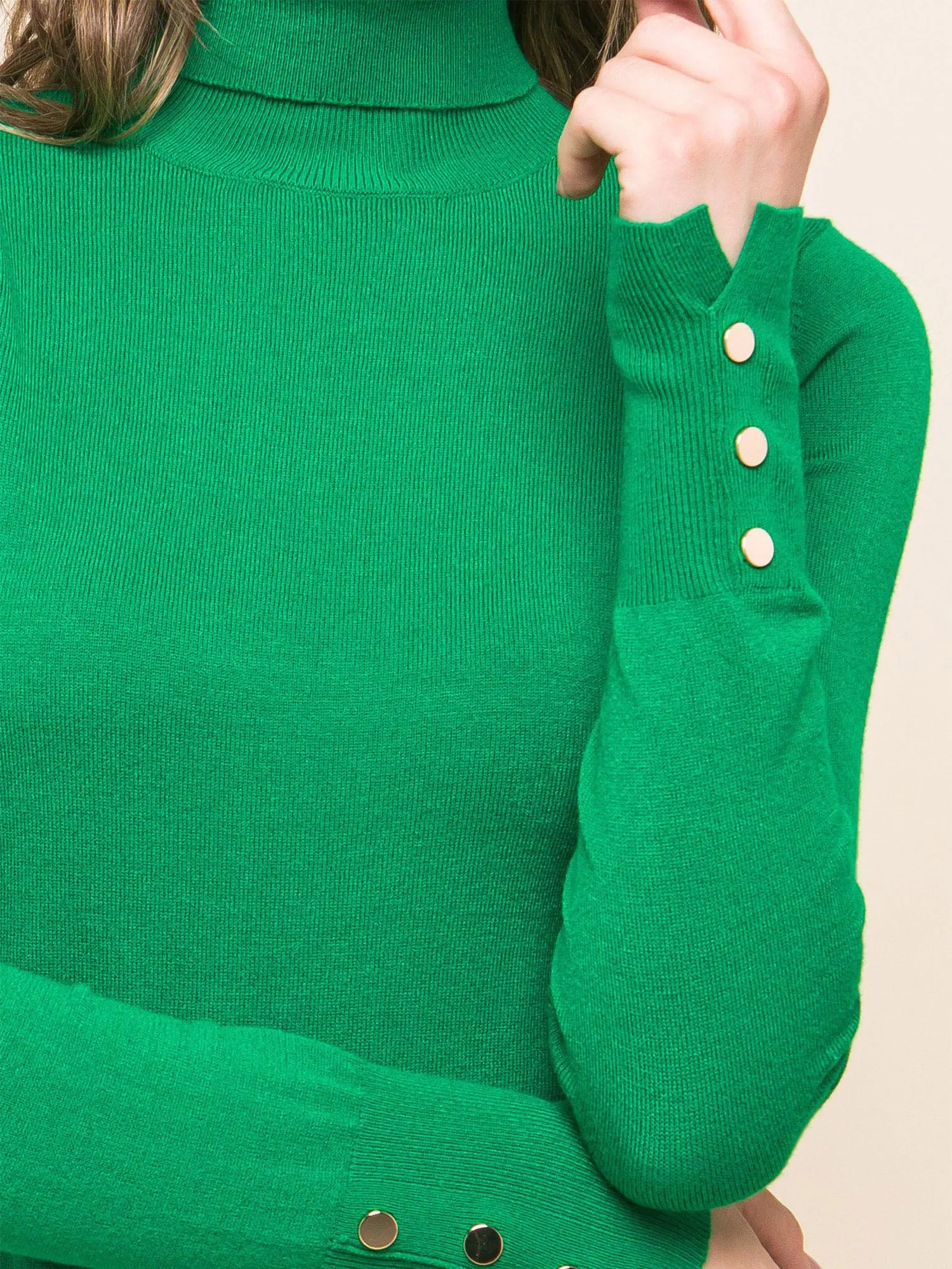 Sleeve Turtleneck Button Cuff Sweater