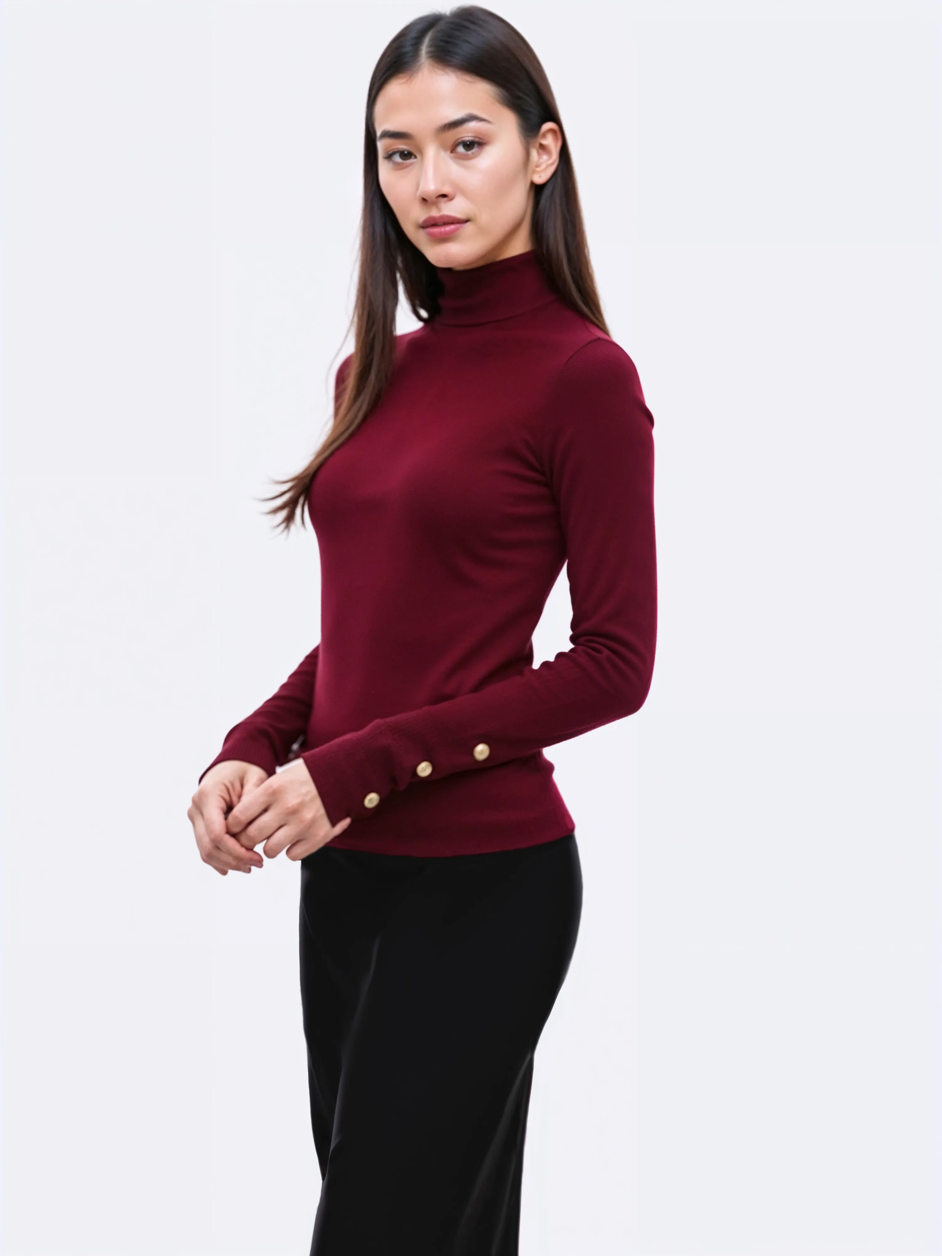 Sleeve Turtleneck Button Cuff Sweater