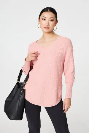 Textured V-Neck Relaxed Curve Hem Jumper