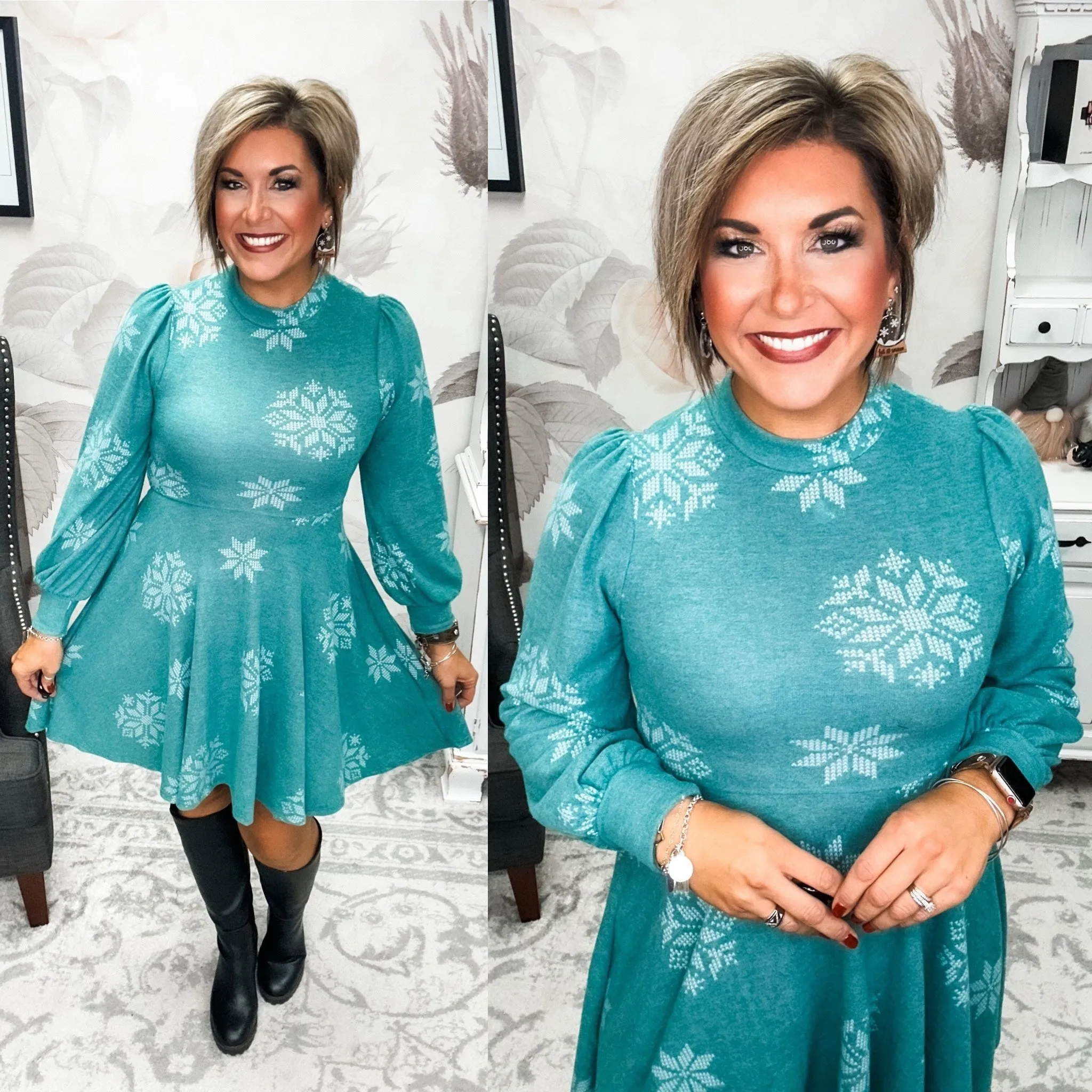 Time For Comfort Dress - Green Snowflake