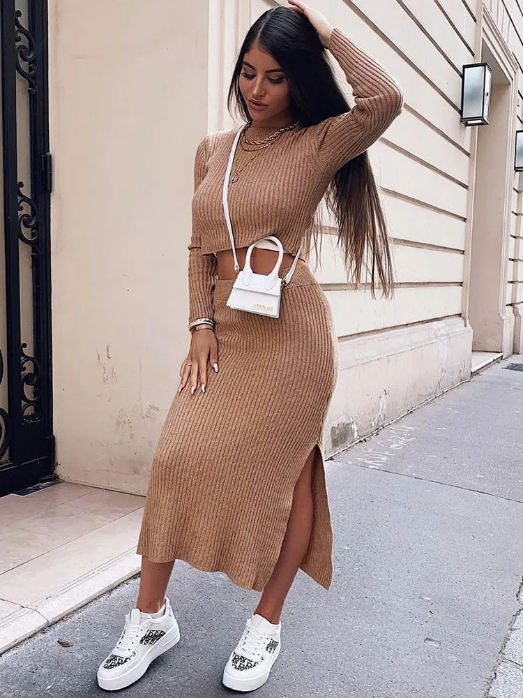 Two Pieces Knit Long Sleeve Crop Top & Midi Skirt