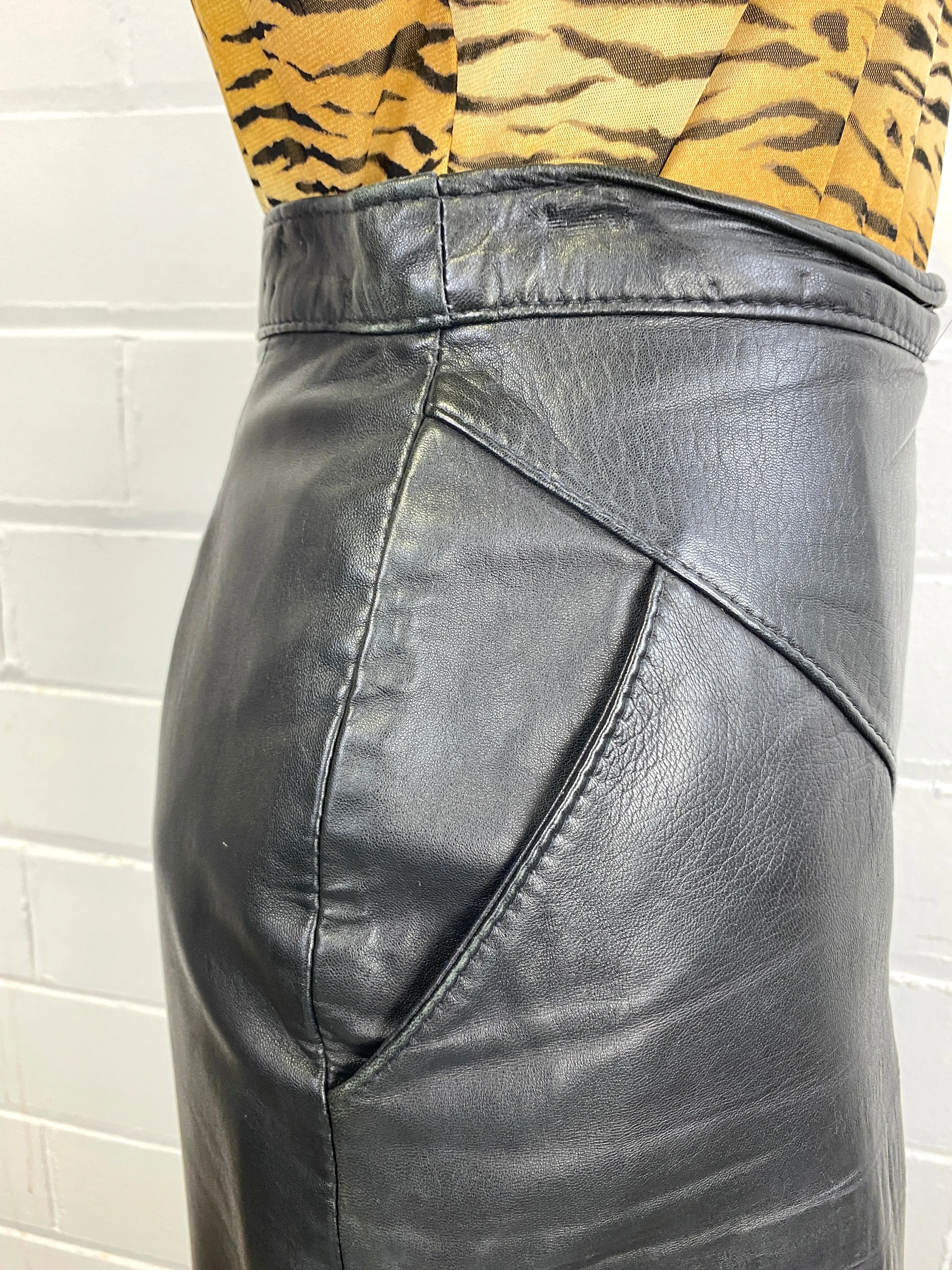 Vintage 1980s Black Leather High-Waist Skirt, W27"