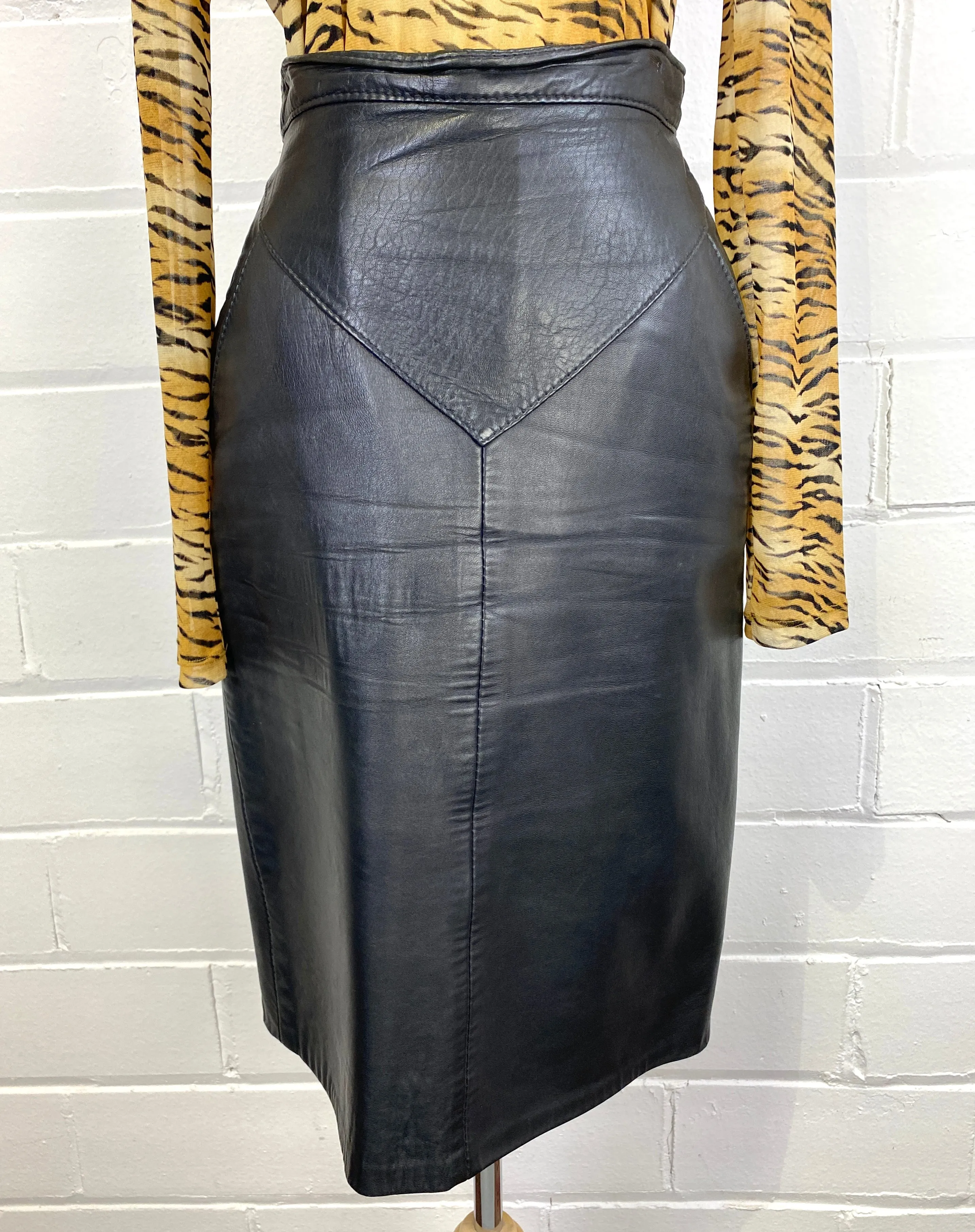 Vintage 1980s Black Leather High-Waist Skirt, W27"