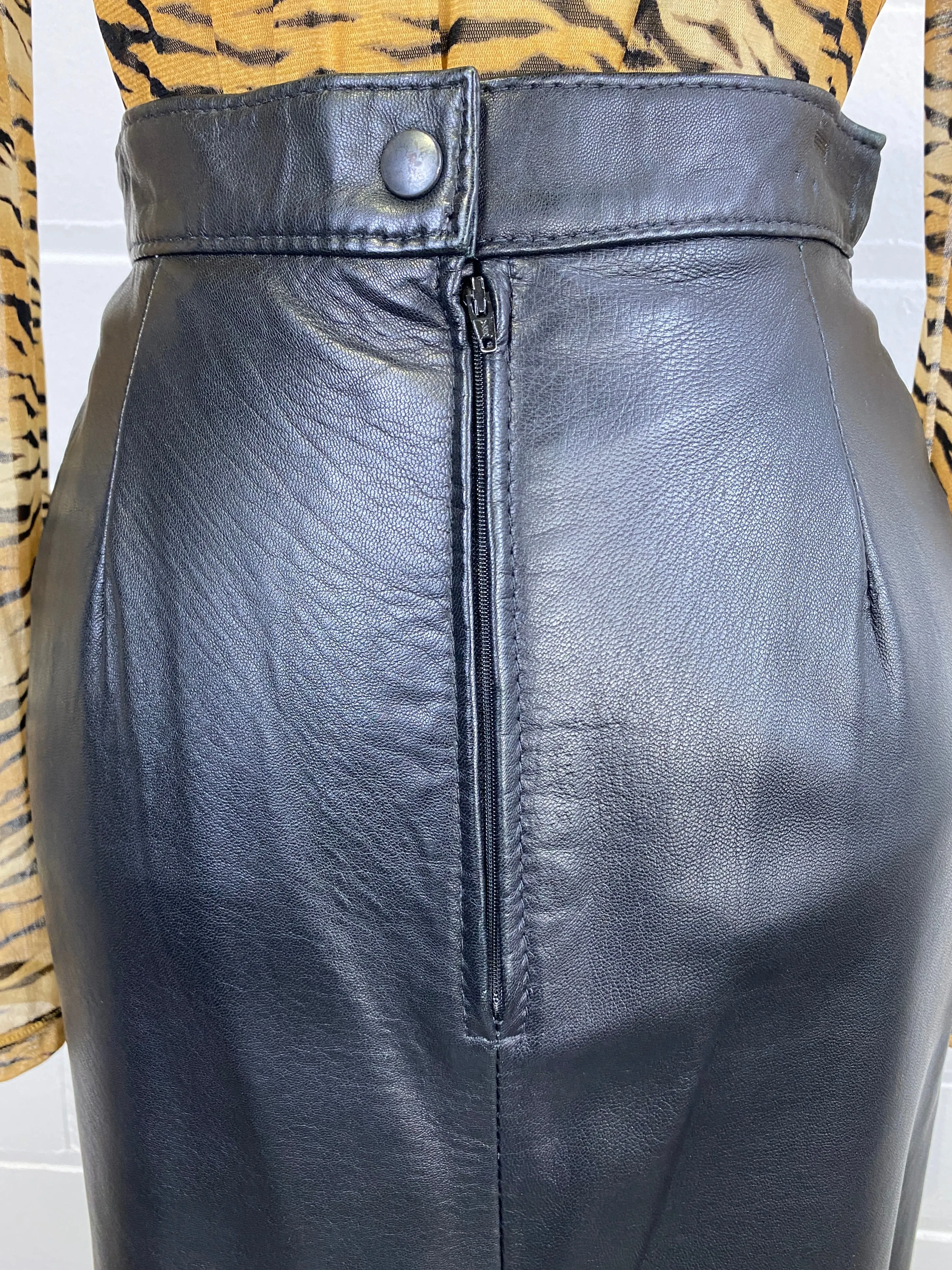 Vintage 1980s Black Leather High-Waist Skirt, W27"