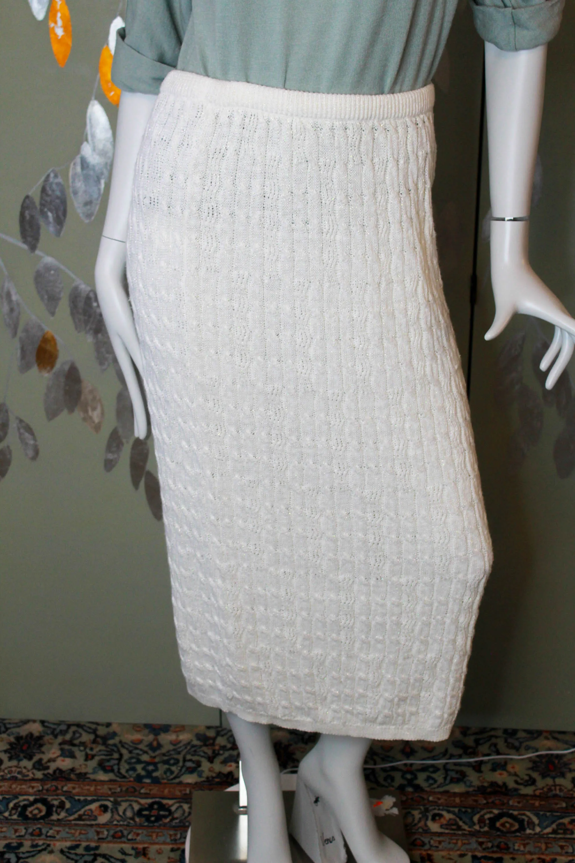 Vintage 1980s Sparkly White Cable Knit Midi Skirt, Medium