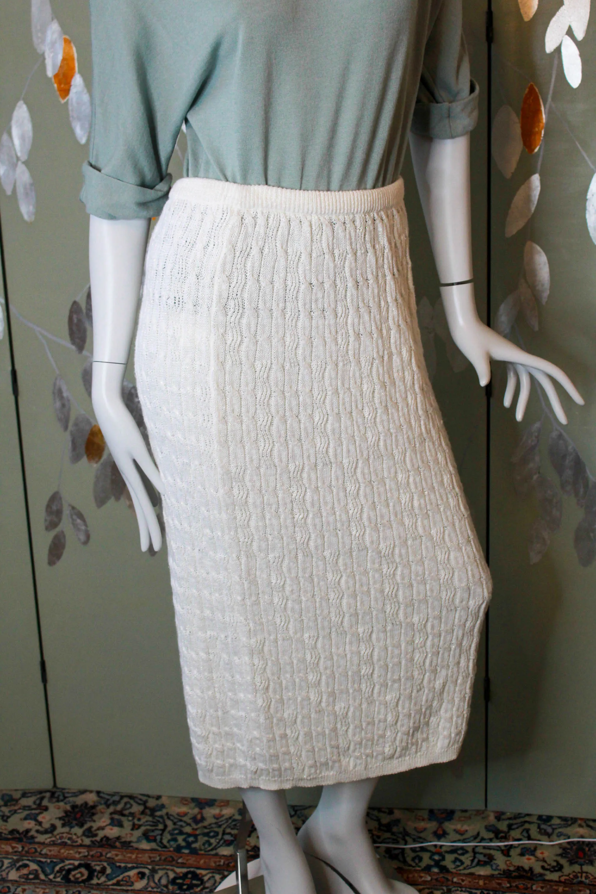 Vintage 1980s Sparkly White Cable Knit Midi Skirt, Medium