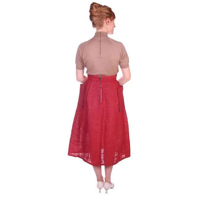 Vintage Skirt  Rosy Red Burlap Big Patch Pockets 1940s Small Guernsey