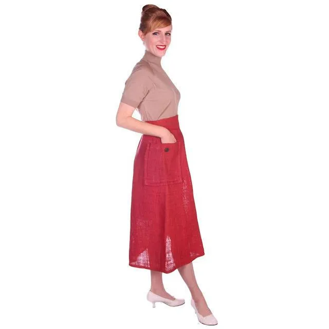 Vintage Skirt  Rosy Red Burlap Big Patch Pockets 1940s Small Guernsey