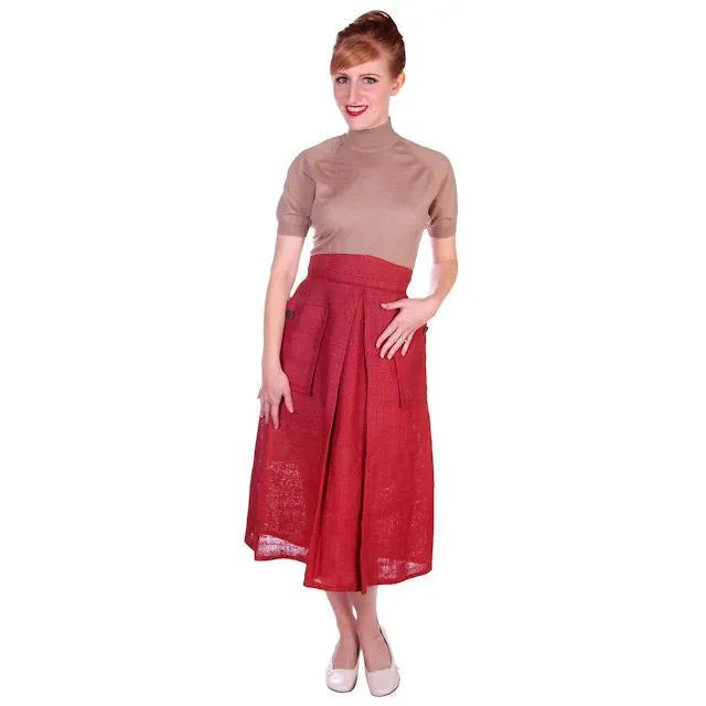 Vintage Skirt  Rosy Red Burlap Big Patch Pockets 1940s Small Guernsey