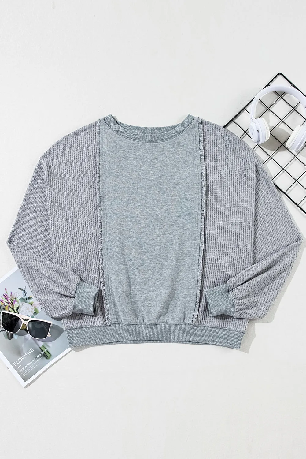 Waffle Raw Edge Long Sleeve Top