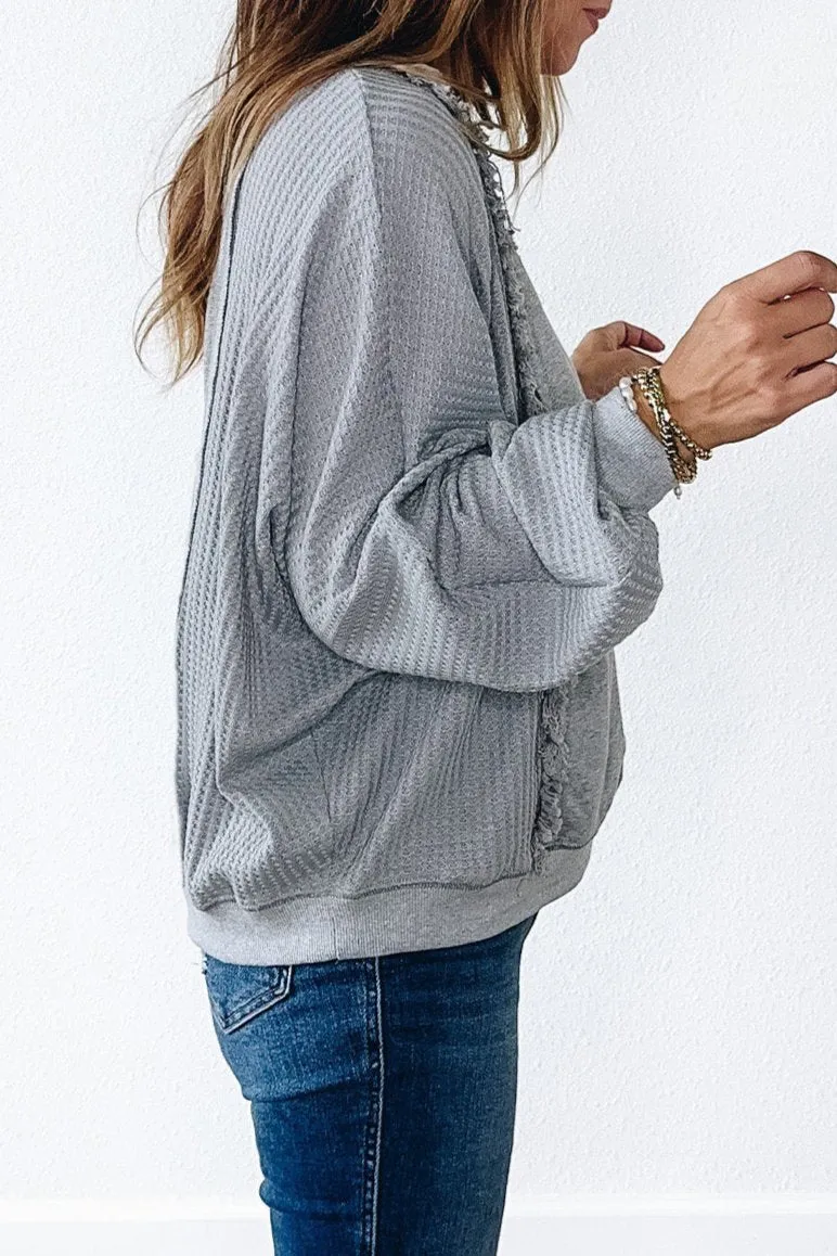 Waffle Raw Edge Long Sleeve Top