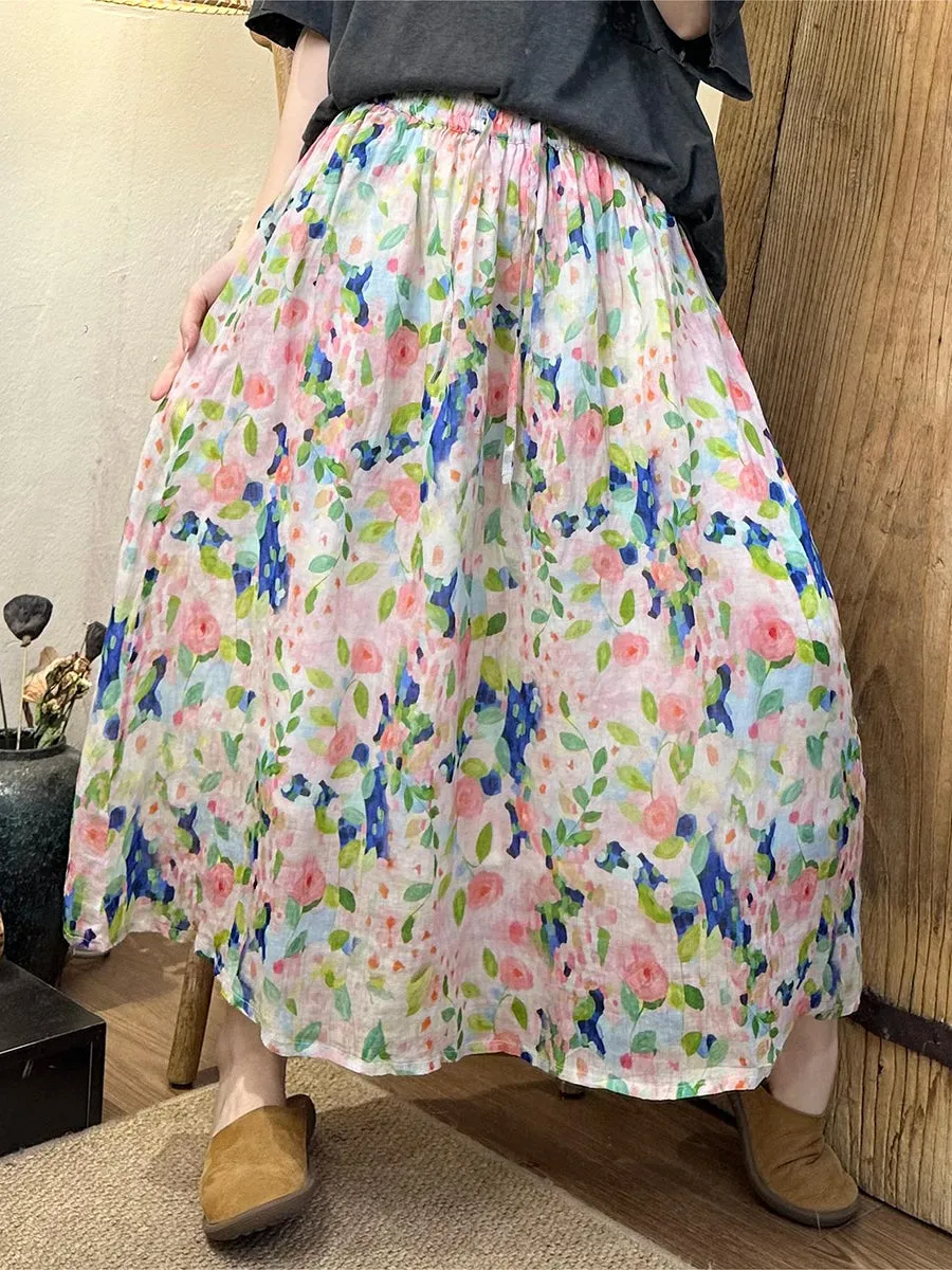 Women Summer Artsy Floral Dual-layer Ramie Skirt BN1041