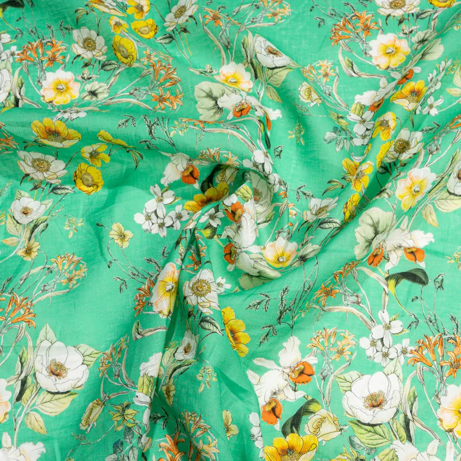 Yellow & White Floral Printed Green Linen