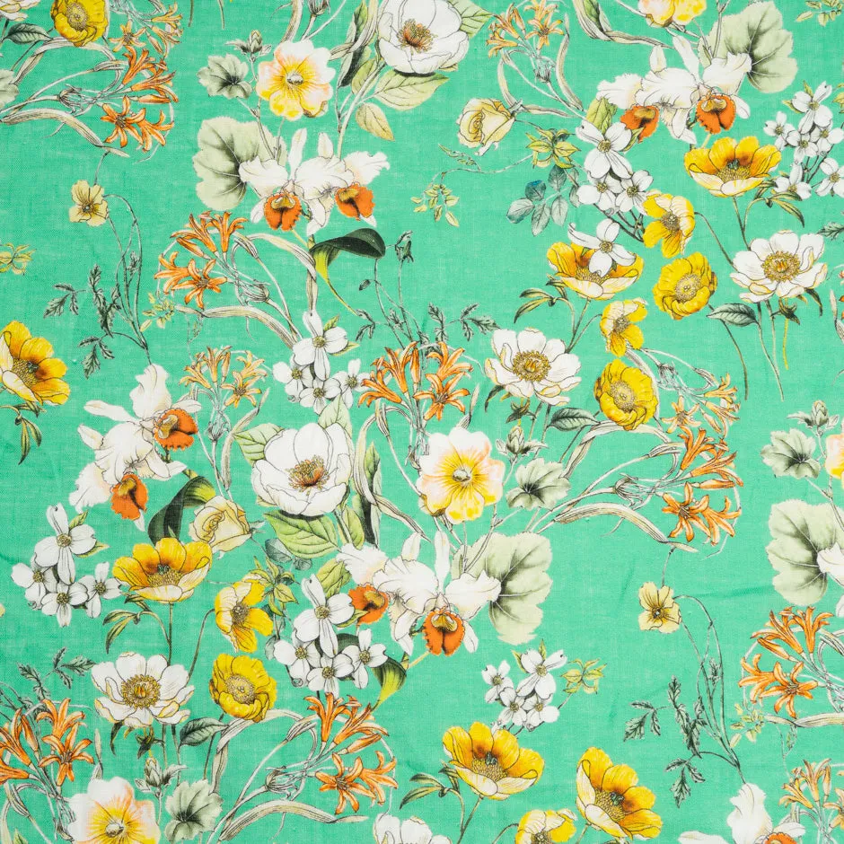 Yellow & White Floral Printed Green Linen