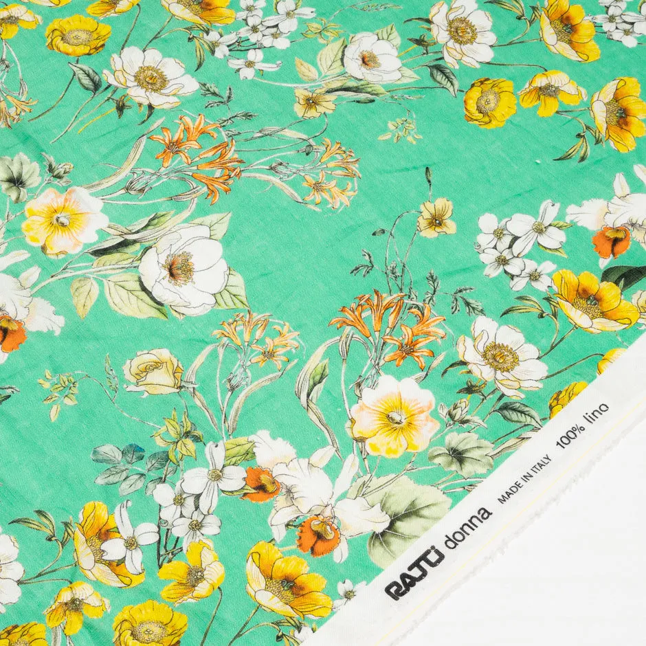 Yellow & White Floral Printed Green Linen