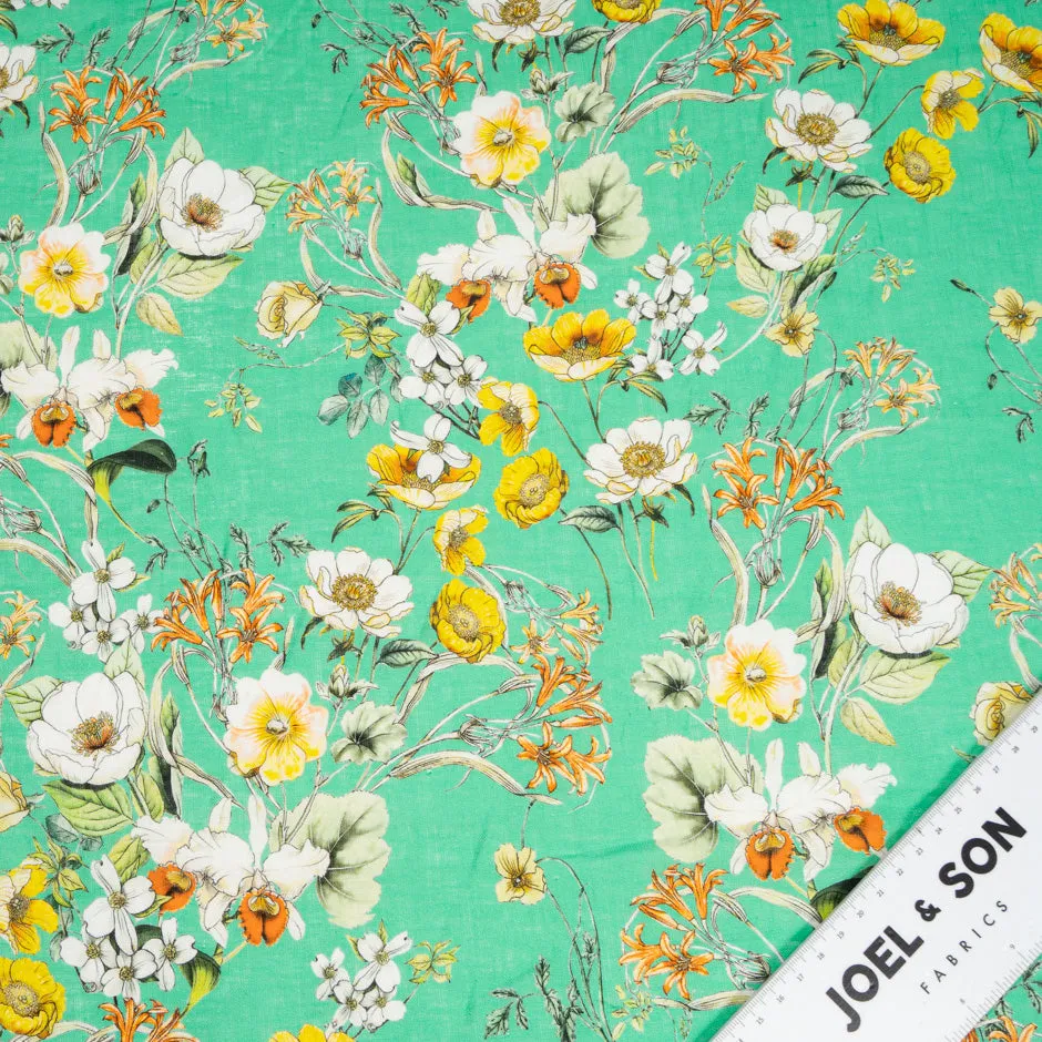 Yellow & White Floral Printed Green Linen