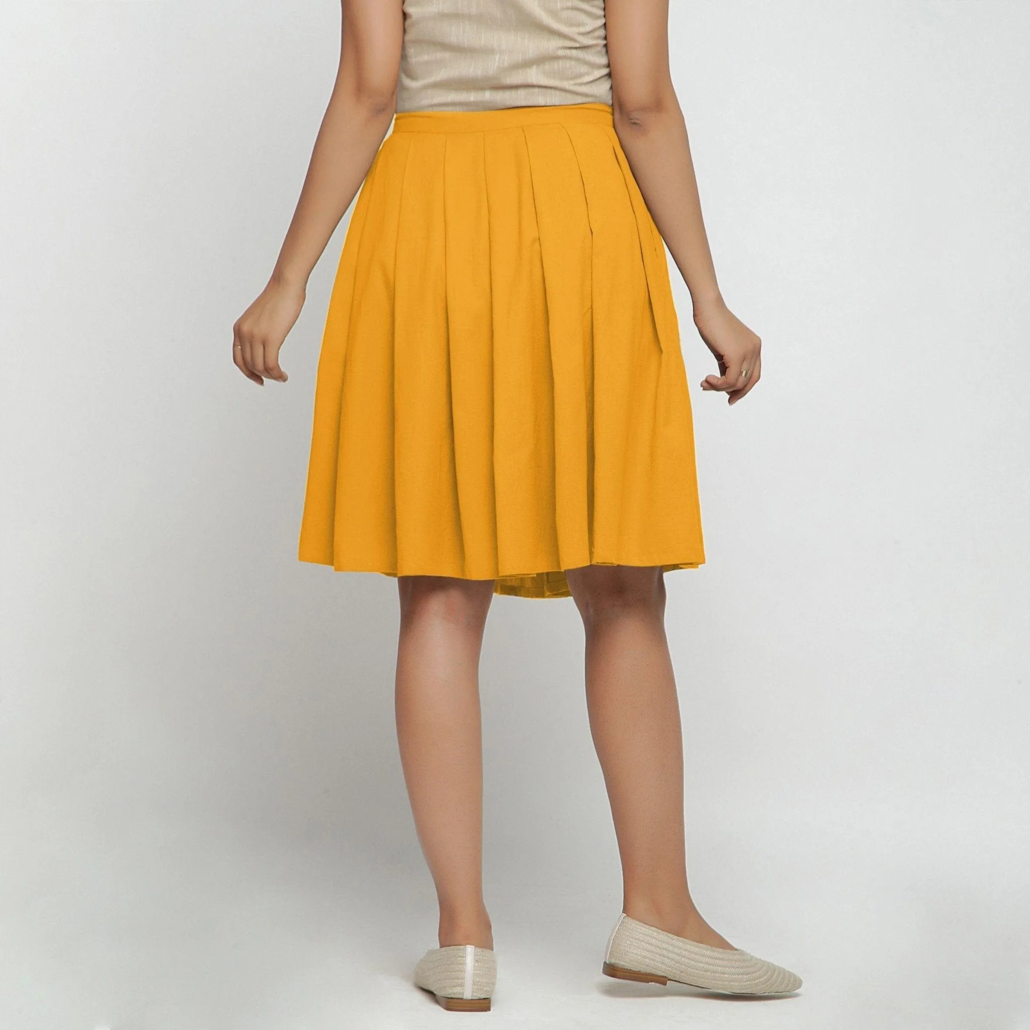 Yellow Cotton Flax Pleated Knee Length Skirt