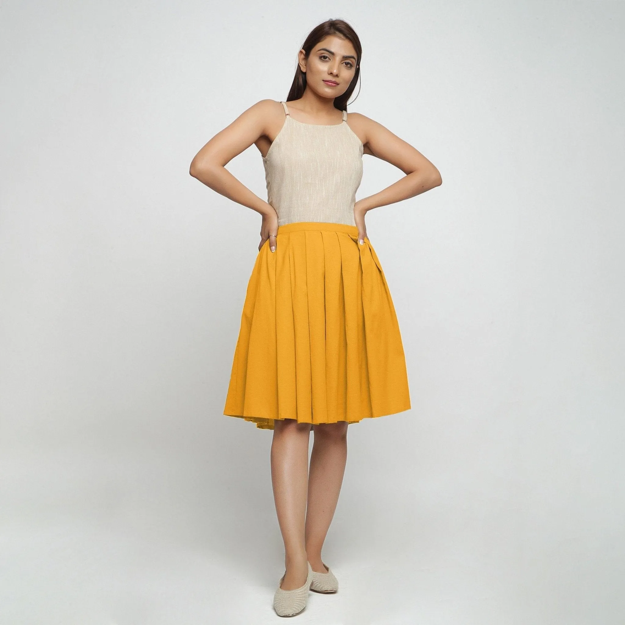 Yellow Cotton Flax Pleated Knee Length Skirt