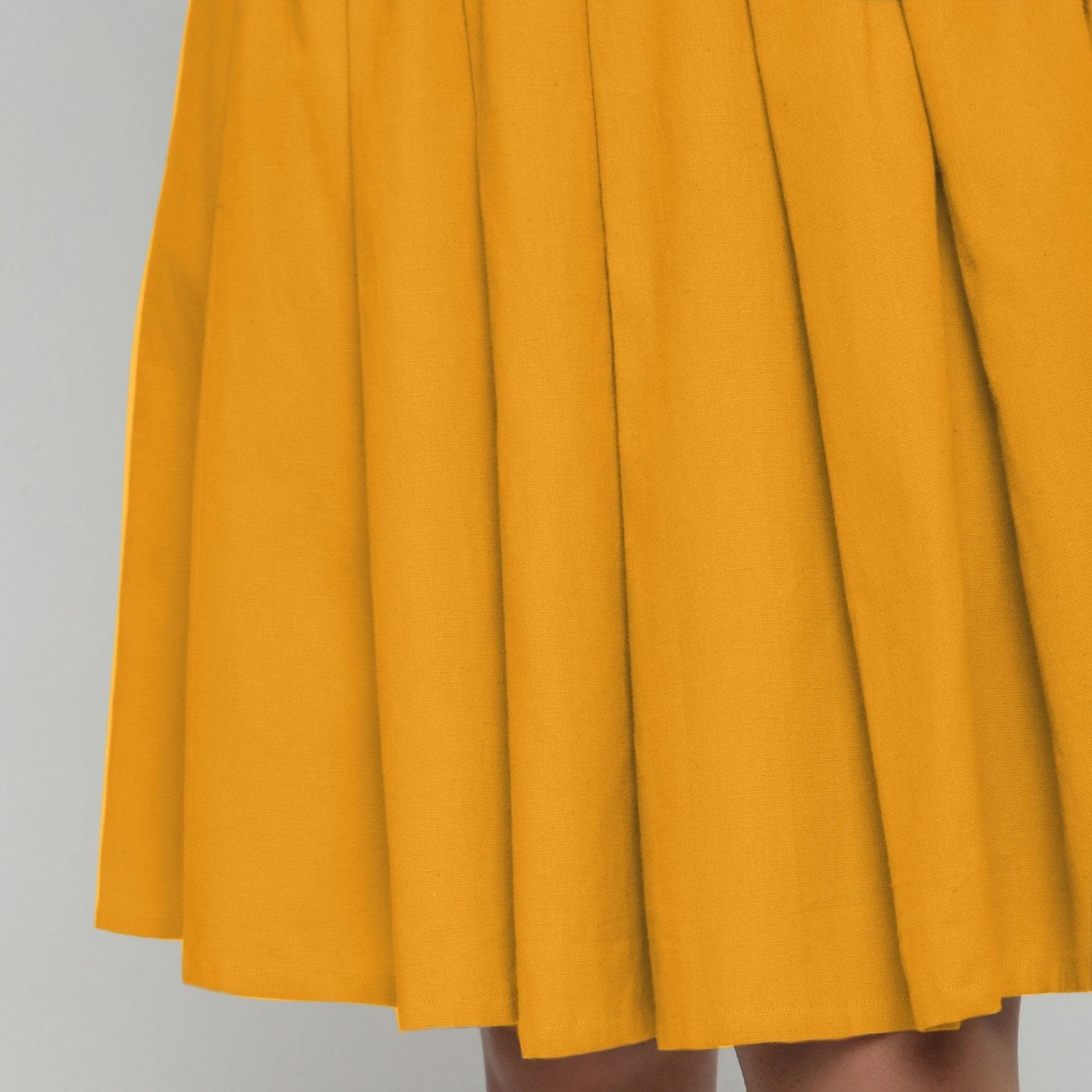 Yellow Cotton Flax Pleated Knee Length Skirt