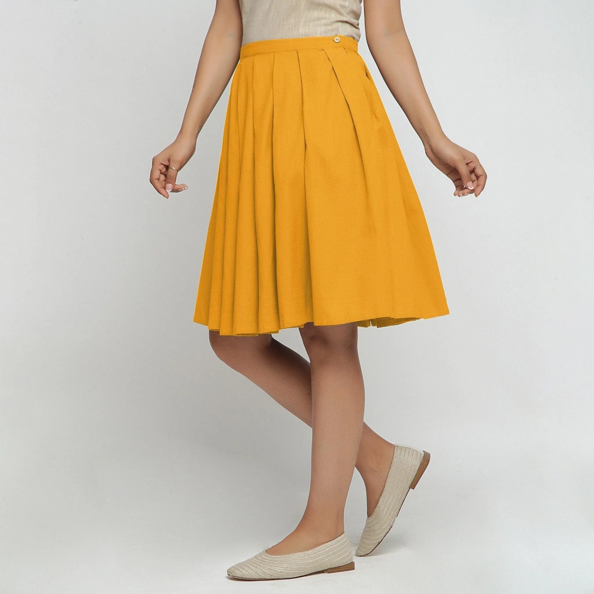 Yellow Cotton Flax Pleated Knee Length Skirt