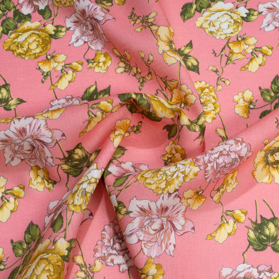 Yellow Floral Printed Candy Pink Pure Linen