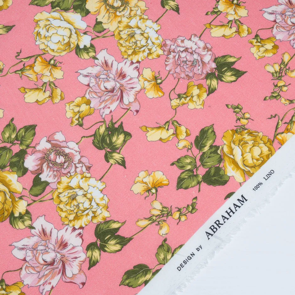 Yellow Floral Printed Candy Pink Pure Linen