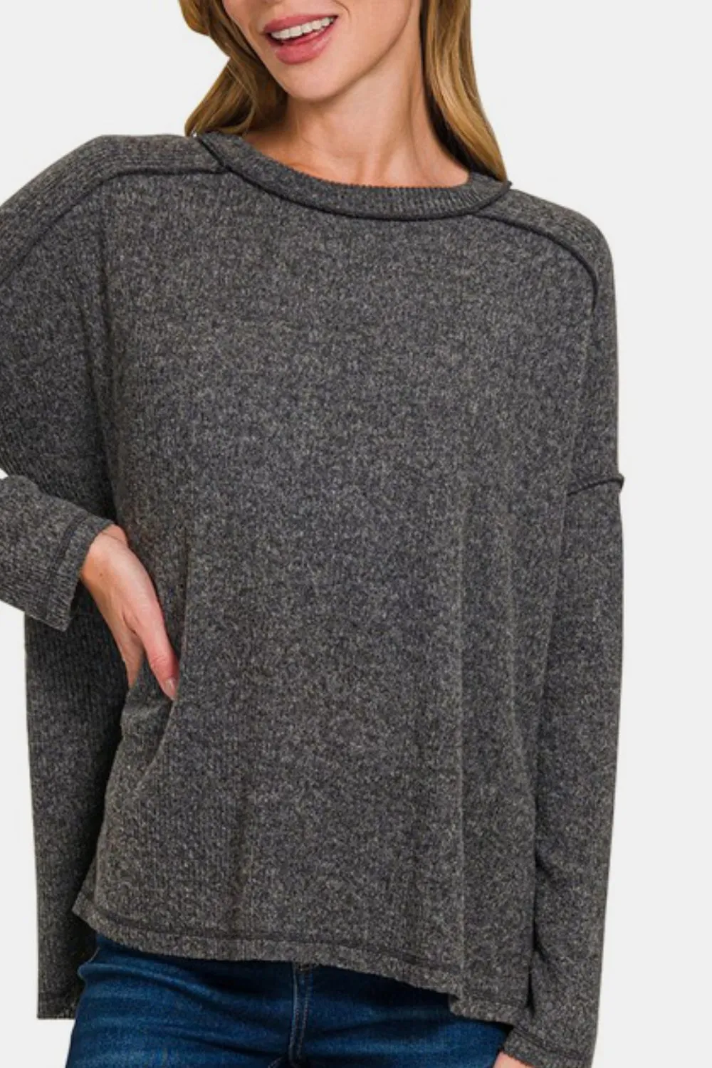 Zenana Exposed Seam Brushed Round Neck Sweater Black